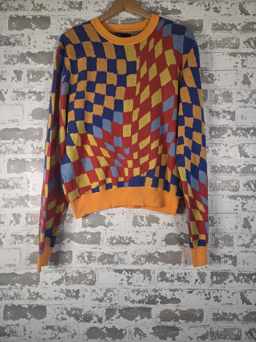 ASOS DESIGN Warped Checkerboard Optical Illusion Sweater Mens L